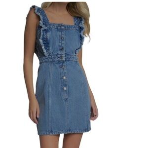 𝅺REVEL Denim Frayed Hem Overall Dress Size Large NEW